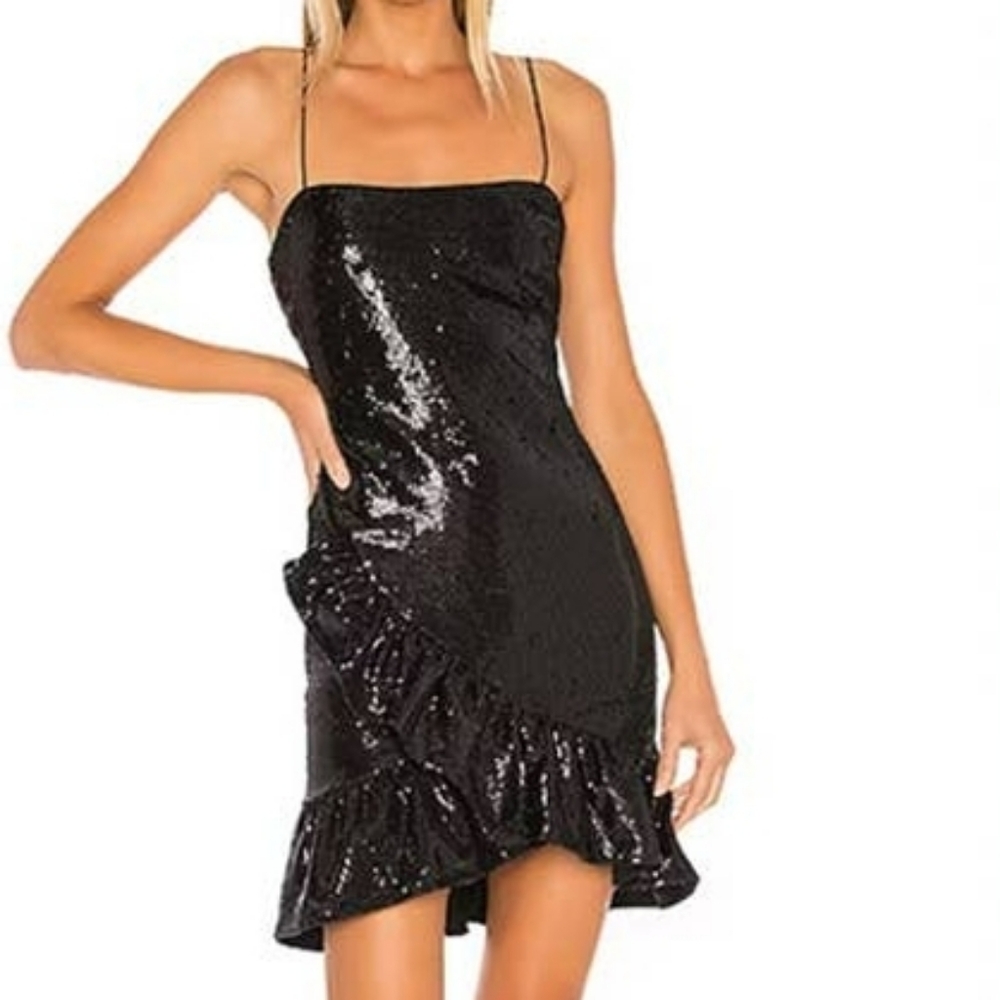 NWT Likely Lilia Ruffle Sequin Black Mini Dress, Sweetheart Neckline, Bodycon.